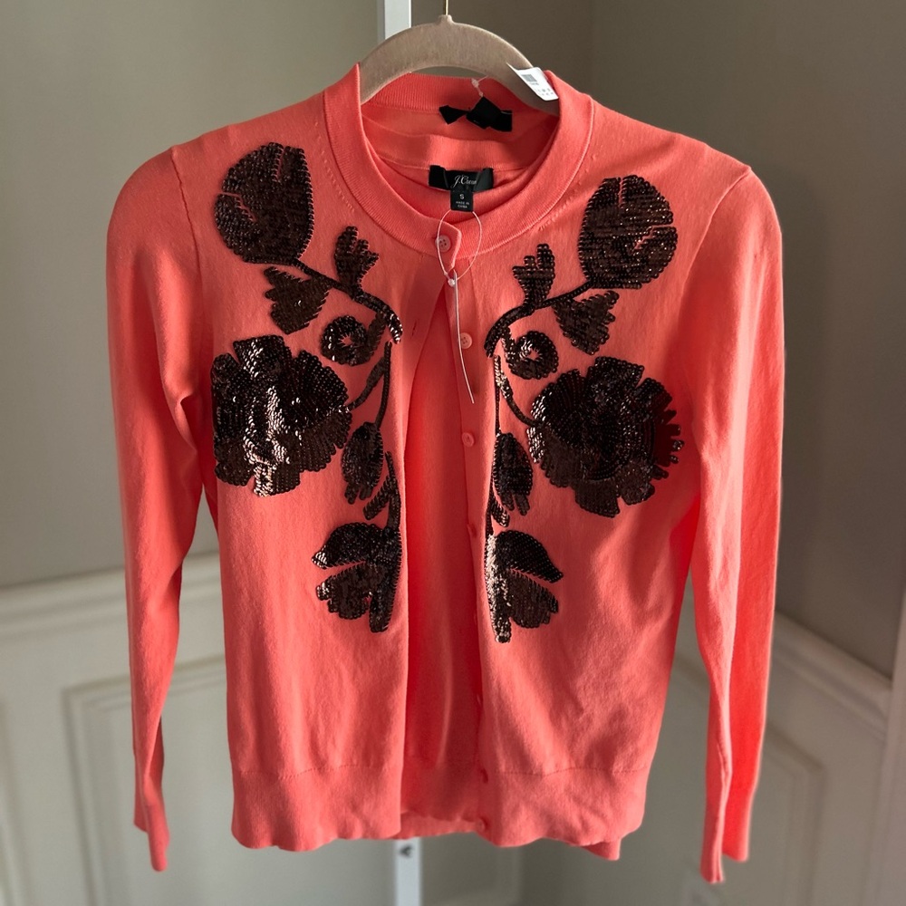 2pc NWT J. Crew Coral Cardigan with bronze Sequin Design